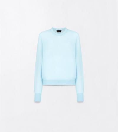 TOM FORD CASHMERE AQUA BLUE SEAMLESS CASHMERE ASYMMETRIC CREWNECK KNIT