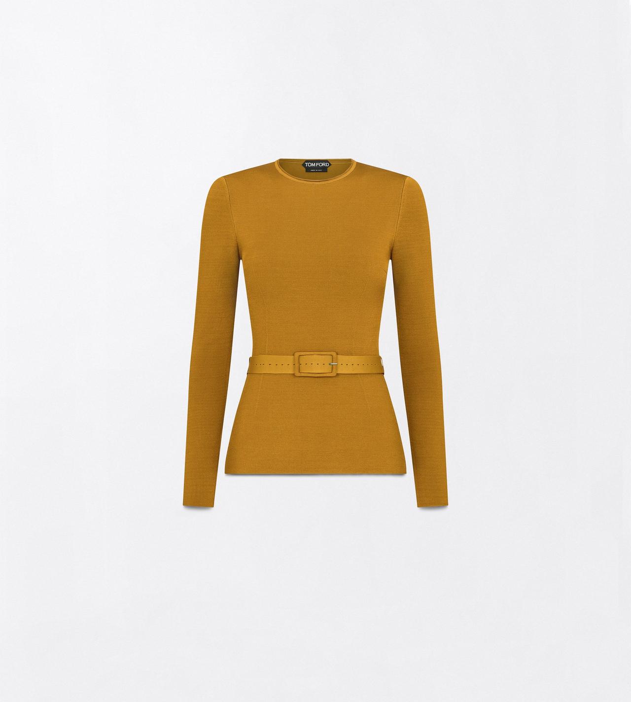 TOM FORD VISCOSE BLEND OLIVINE GREEN LONG SLEEVE FITTED CREWNECK WITH SHAPING DETAILS AND SELF BELT