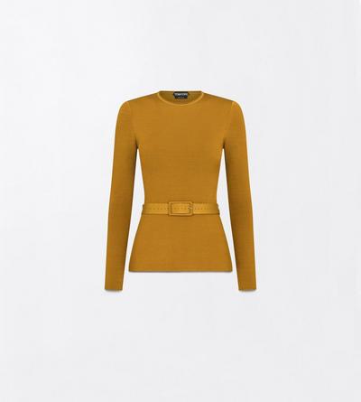 TOM FORD VISCOSE BLEND OLIVINE GREEN LONG SLEEVE FITTED CREWNECK WITH SHAPING DETAILS AND SELF BELT