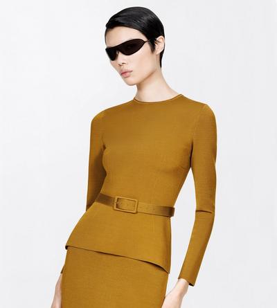 TOM FORD VISCOSE BLEND OLIVINE GREEN LONG SLEEVE FITTED CREWNECK WITH SHAPING DETAILS AND SELF BELT