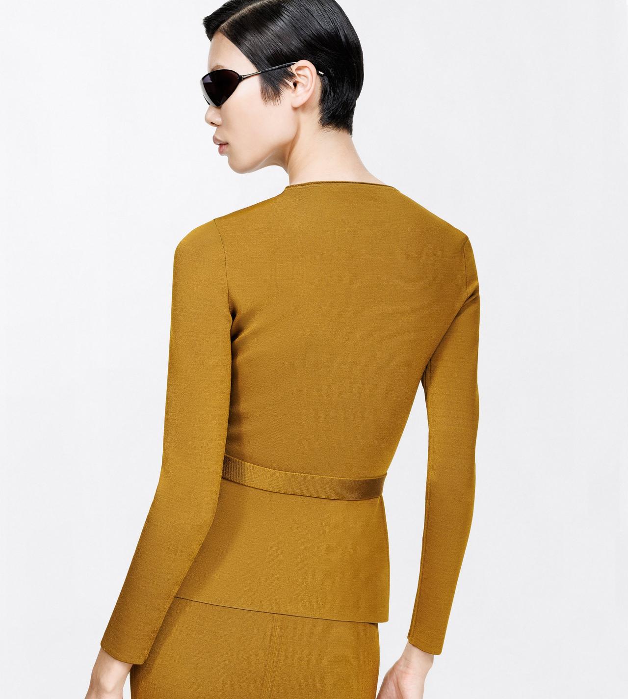 TOM FORD VISCOSE BLEND OLIVINE GREEN LONG SLEEVE FITTED CREWNECK WITH SHAPING DETAILS AND SELF BELT
