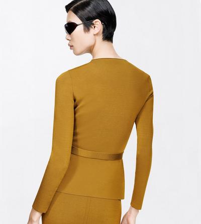 TOM FORD VISCOSE BLEND OLIVINE GREEN LONG SLEEVE FITTED CREWNECK WITH SHAPING DETAILS AND SELF BELT