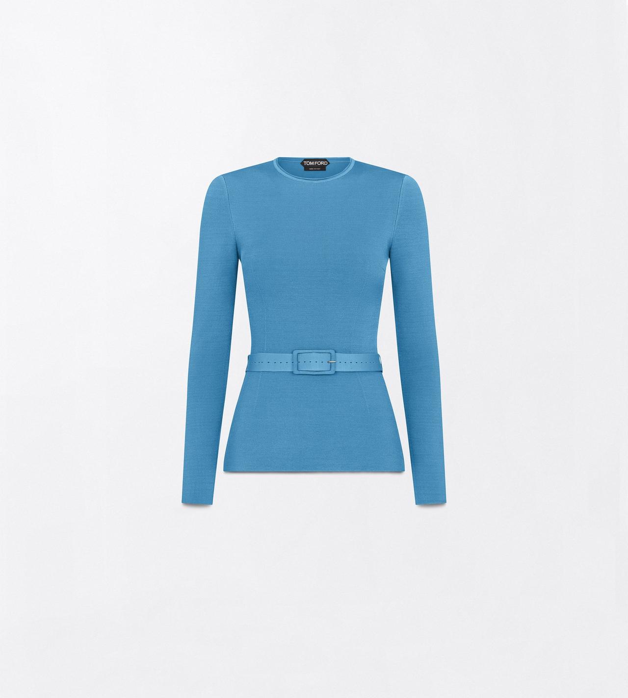 TOM FORD VISCOSE BLEND DEEP TEAL LONG SLEEVE FITTED CREWNECK WITH SHAPING DETAILS AND SELF BELT