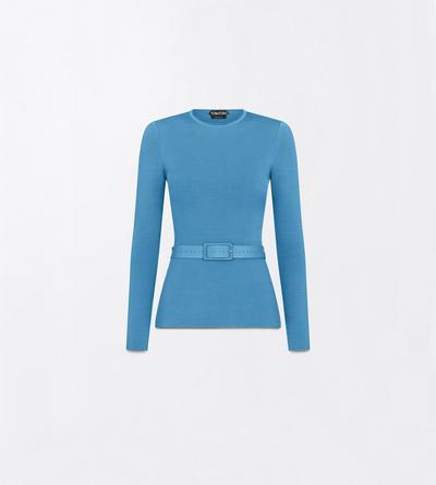 TOM FORD VISCOSE BLEND DEEP TEAL LONG SLEEVE FITTED CREWNECK WITH SHAPING DETAILS AND SELF BELT
