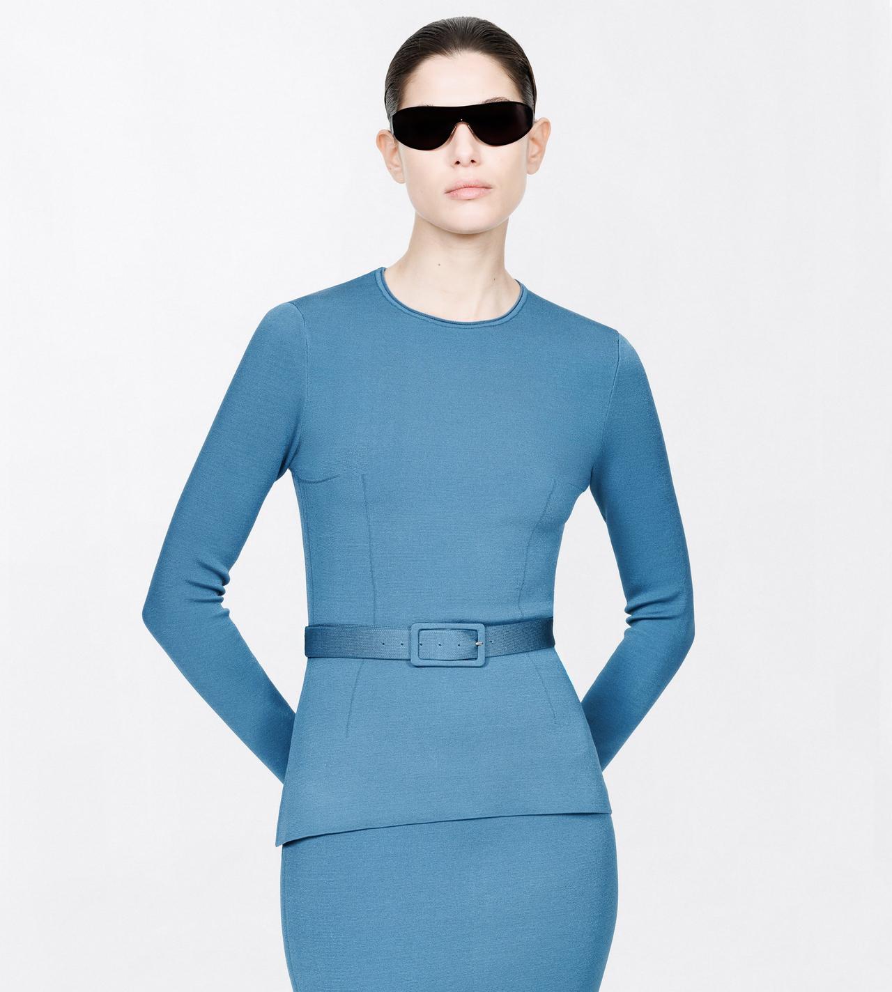 TOM FORD VISCOSE BLEND DEEP TEAL LONG SLEEVE FITTED CREWNECK WITH SHAPING DETAILS AND SELF BELT