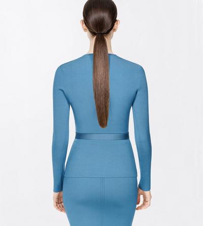 TOM FORD VISCOSE BLEND DEEP TEAL LONG SLEEVE FITTED CREWNECK WITH SHAPING DETAILS AND SELF BELT