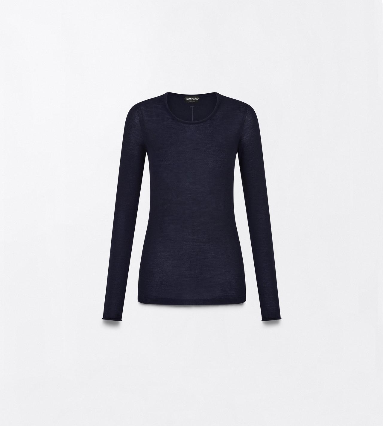 TOM FORD CASHMERE DARK NAVY SEAMLESS FEATHERWEIGHT CASHMERE LONG SLEEVE CREWNECK T-SHIRT