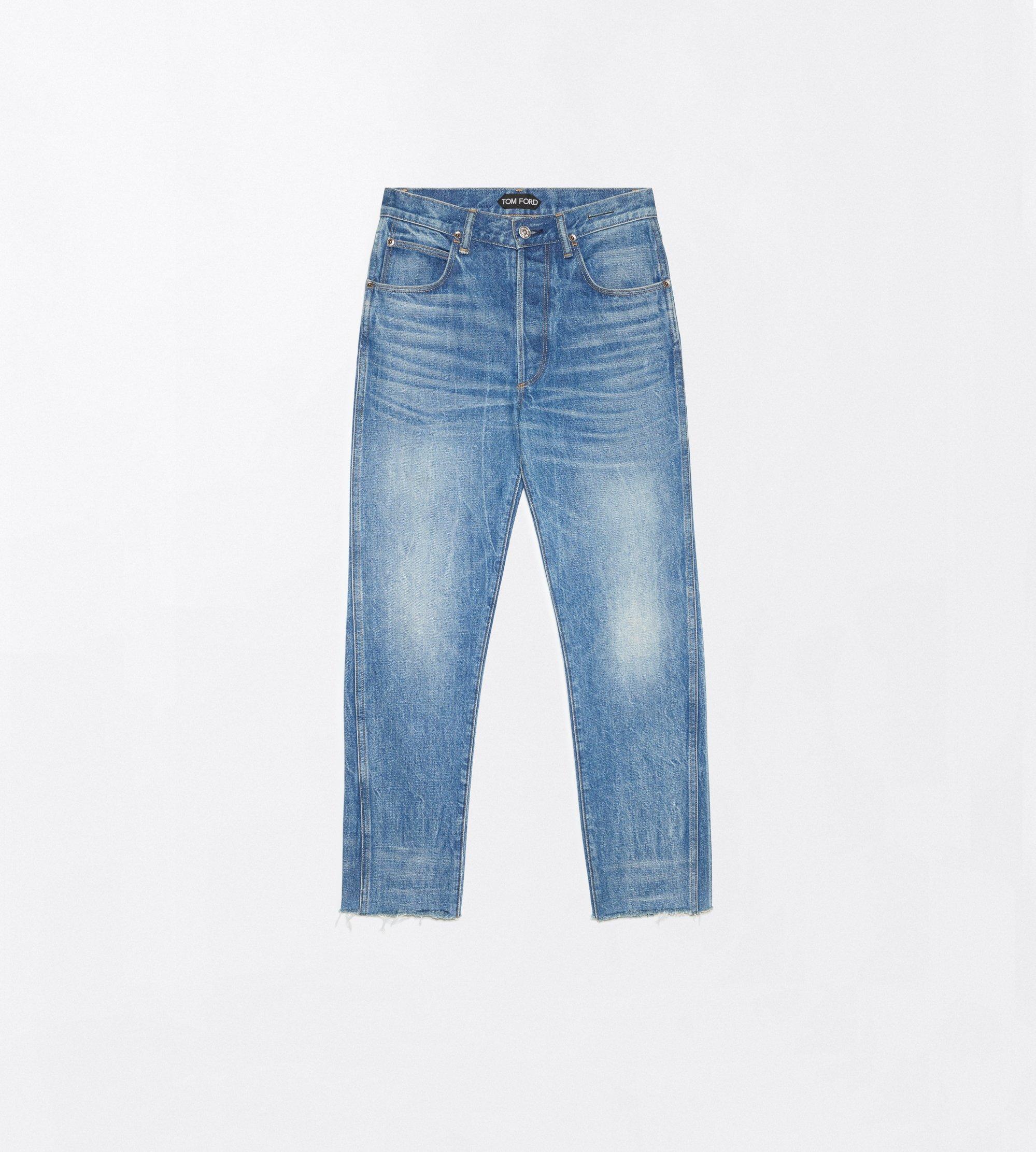 PANTALON DROIT MELANIE EN DENIM D&Eacute;LAV&Eacute; &Agrave; LA PIERRE AVEC BORDURE EN&nbsp;T ET OURLET EFFILOCH&Eacute;