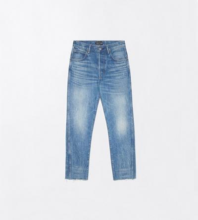TOM FORD DENIM DENIM PANTALON DROIT MELANIE EN DENIM D&Eacute;LAV&Eacute; &Agrave; LA PIERRE AVEC BORDURE EN&nbsp;T ET OURLET EFFILOCH&Eacute;