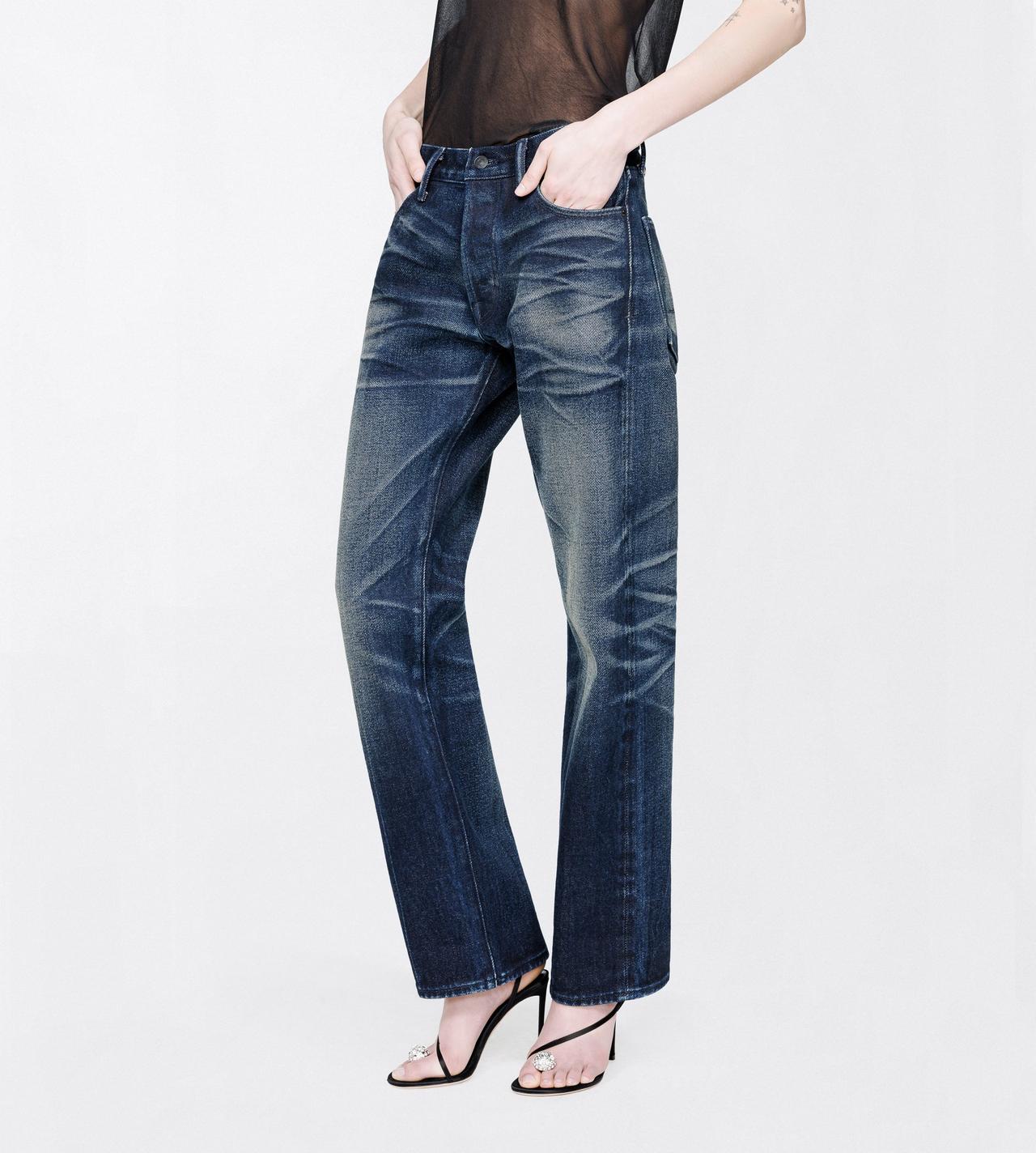 TOM FORD DENIM WASHED INDIGO LOW WAIST WALI FIT SELVEDGE DENIM PANTS