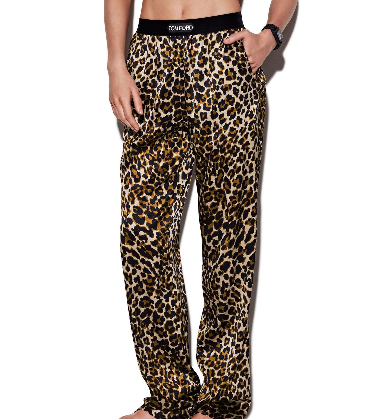 REFLECTED LEOPARD PATTERN SILK SATIN PJ PANTS