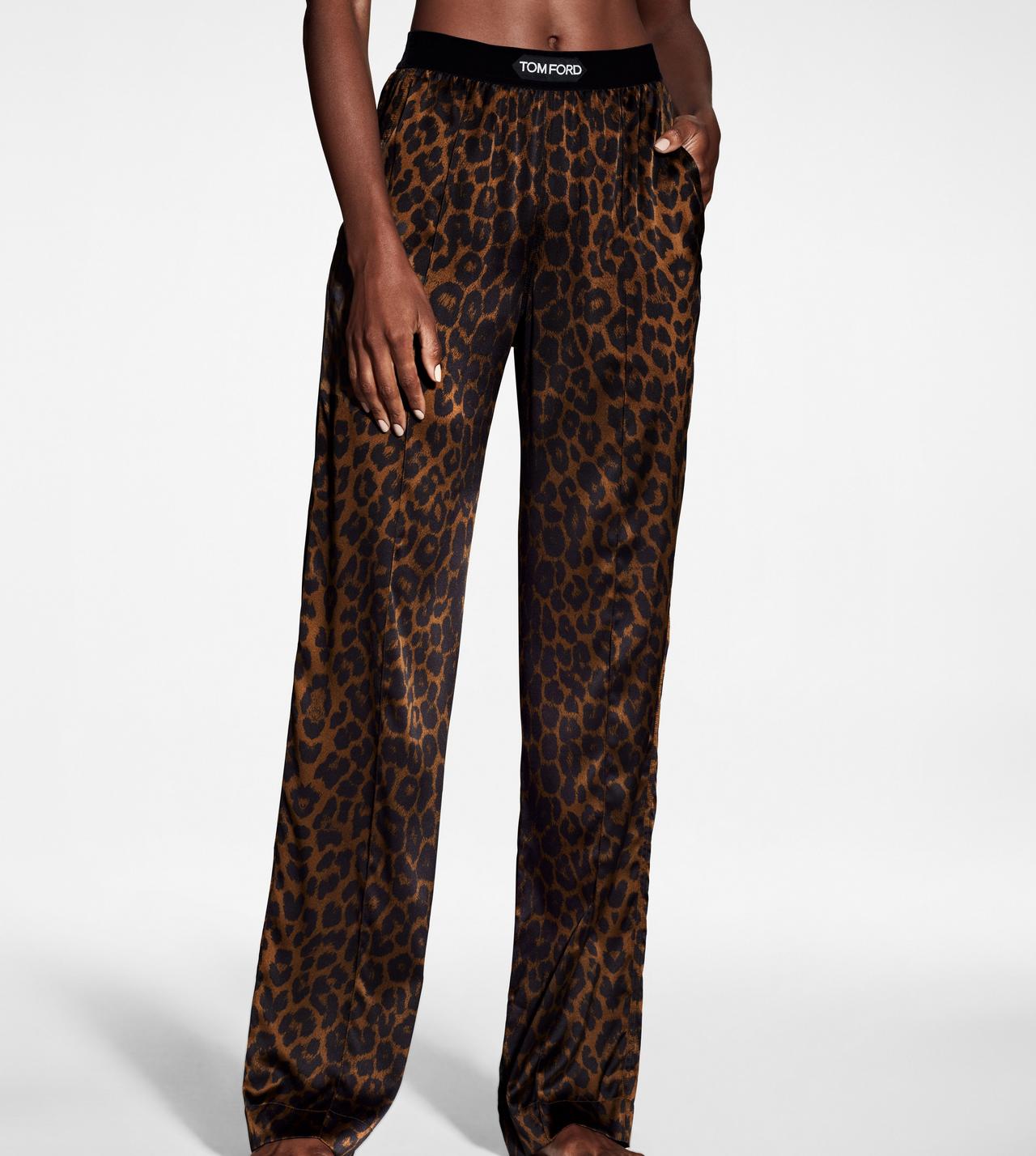 LEOPARD PRINT STRETCH SILK SATIN SIGNATURE PJ PANTS image number 1