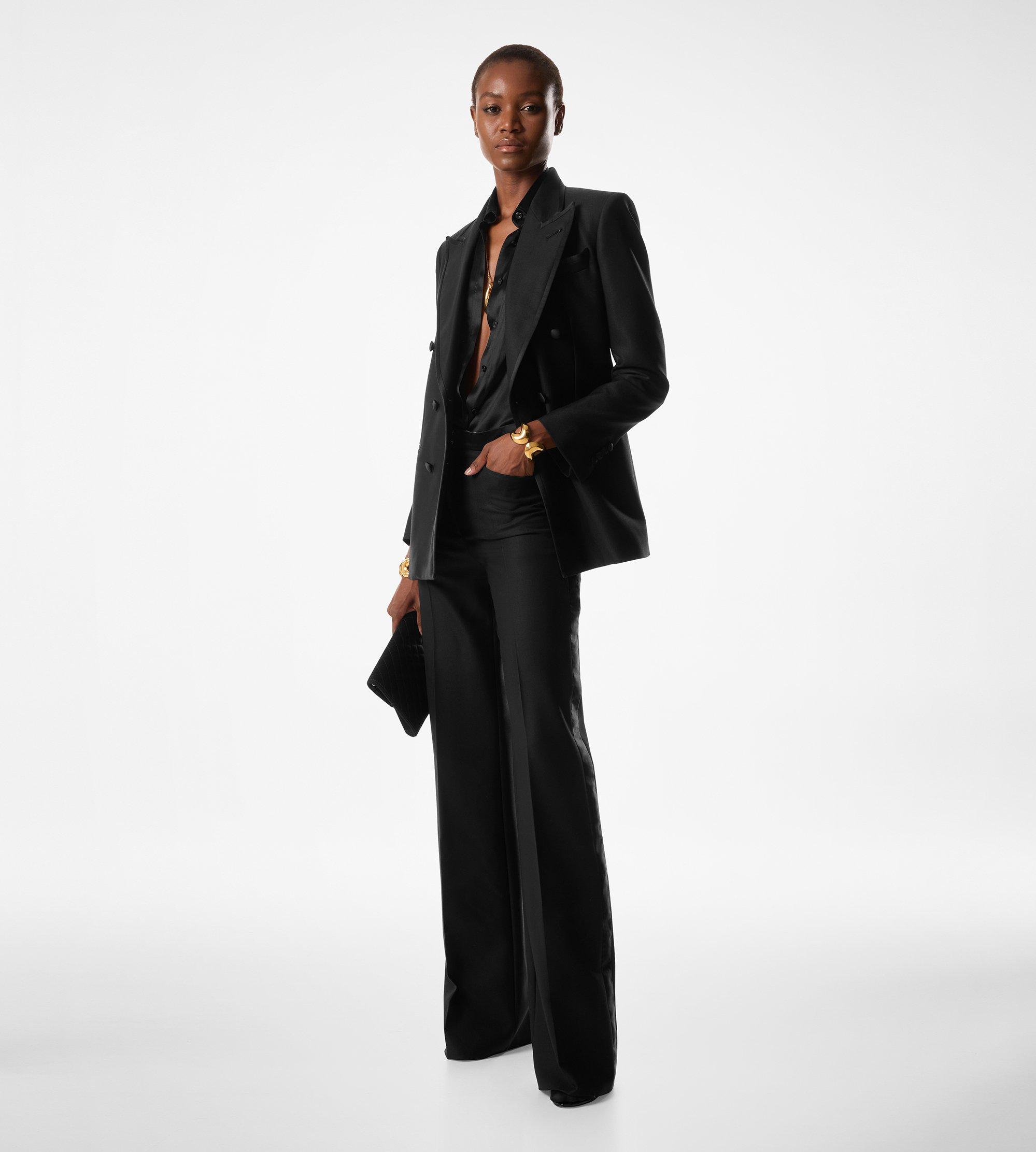 SILK BLEND TWILL TUXEDO TAILORED BOOT CUT PANTS