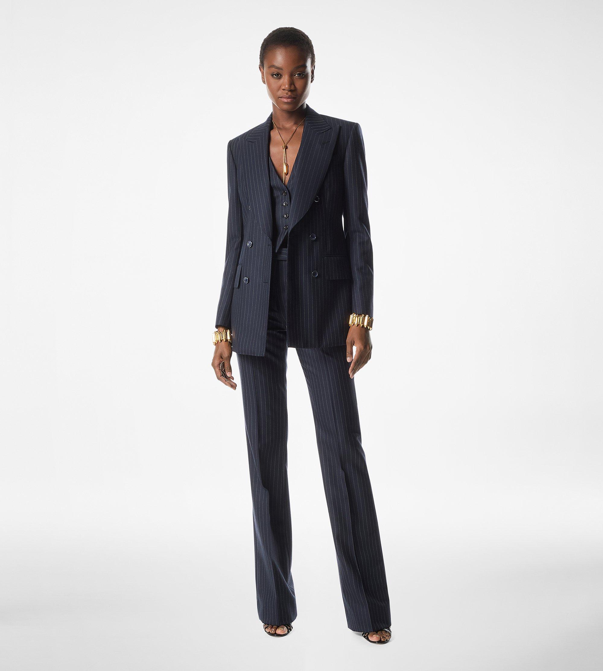 STRIPED WOOL FLANNEL TAILORED WIDE LEG PANTS