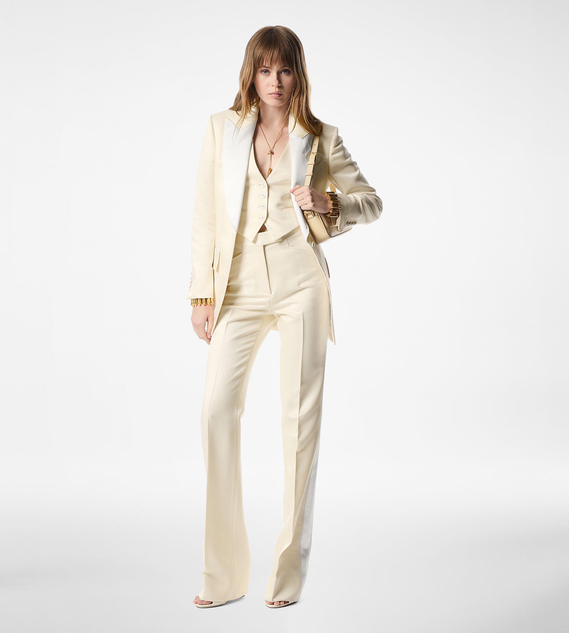 LUSTROUS BARATHEA SILK WOOL TAILORED TUXEDO WIDE LEG PANTS