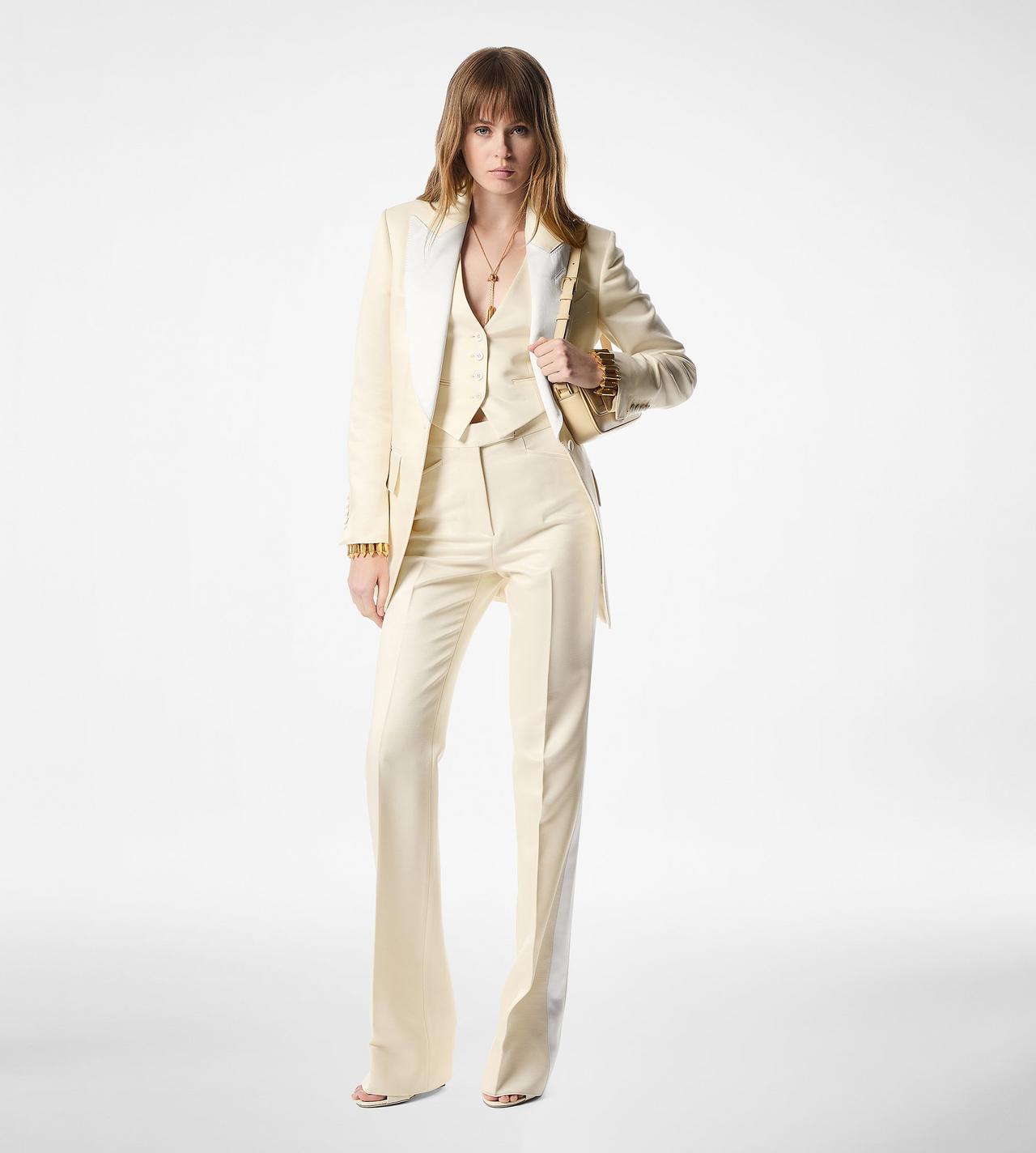 LUSTROUS BARATHEA SILK WOOL TAILORED TUXEDO WIDE LEG PANTS