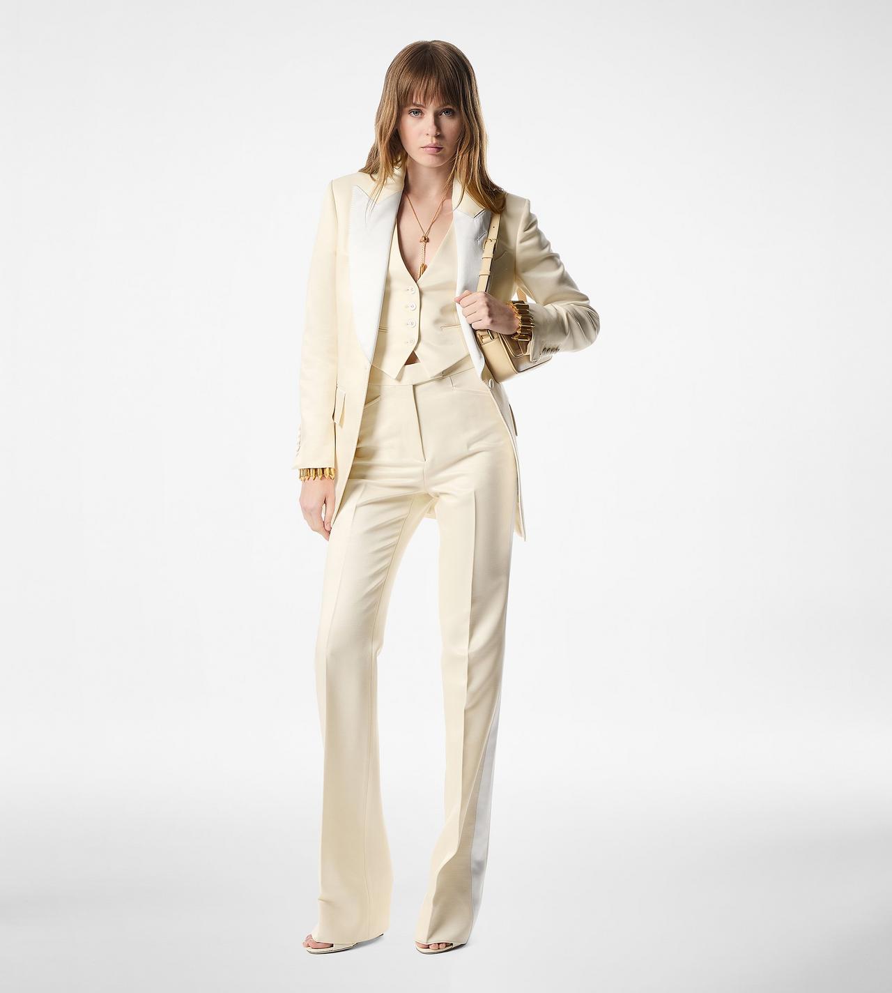 LUSTROUS BARATHEA SILK WOOL TAILORED TUXEDO WIDE LEG PANTS image number 2