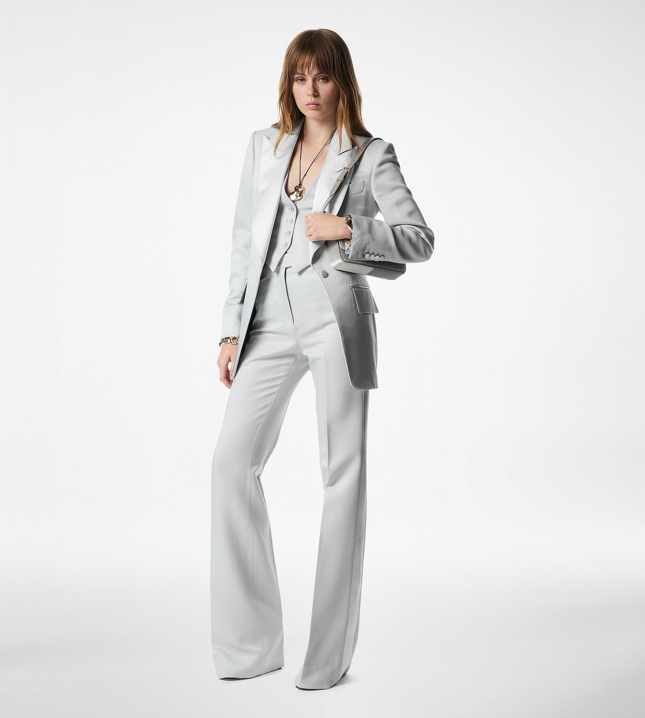 LUSTROUS BARATHEA SILK WOOL TAILORED TUXEDO WIDE LEG PANTS image number 2