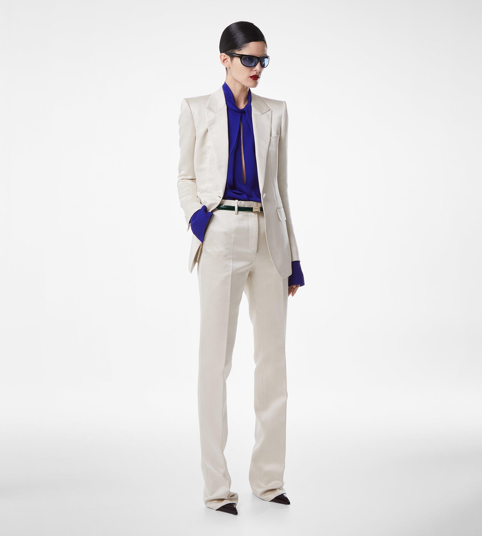WASHED COTTON SILK BLEND DUCHESSE TAILORED STRAIGHT PANTS