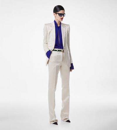WASHED COTTON SILK BLEND DUCHESSE TAILORED STRAIGHT PANTS image number 2