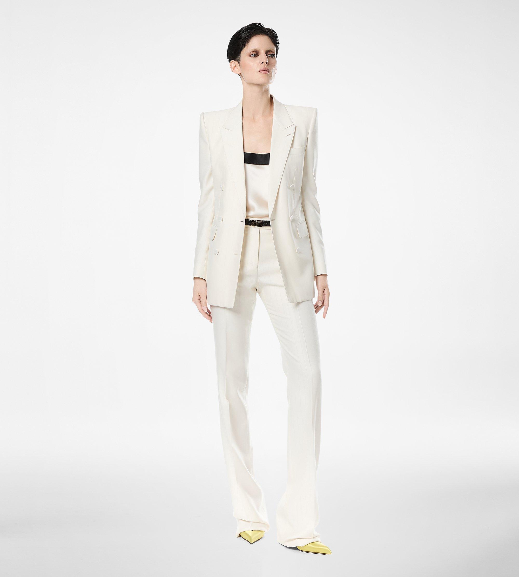 SHADOW STRIPE WOOL SILK TAILORED STRAIGHT PANTS