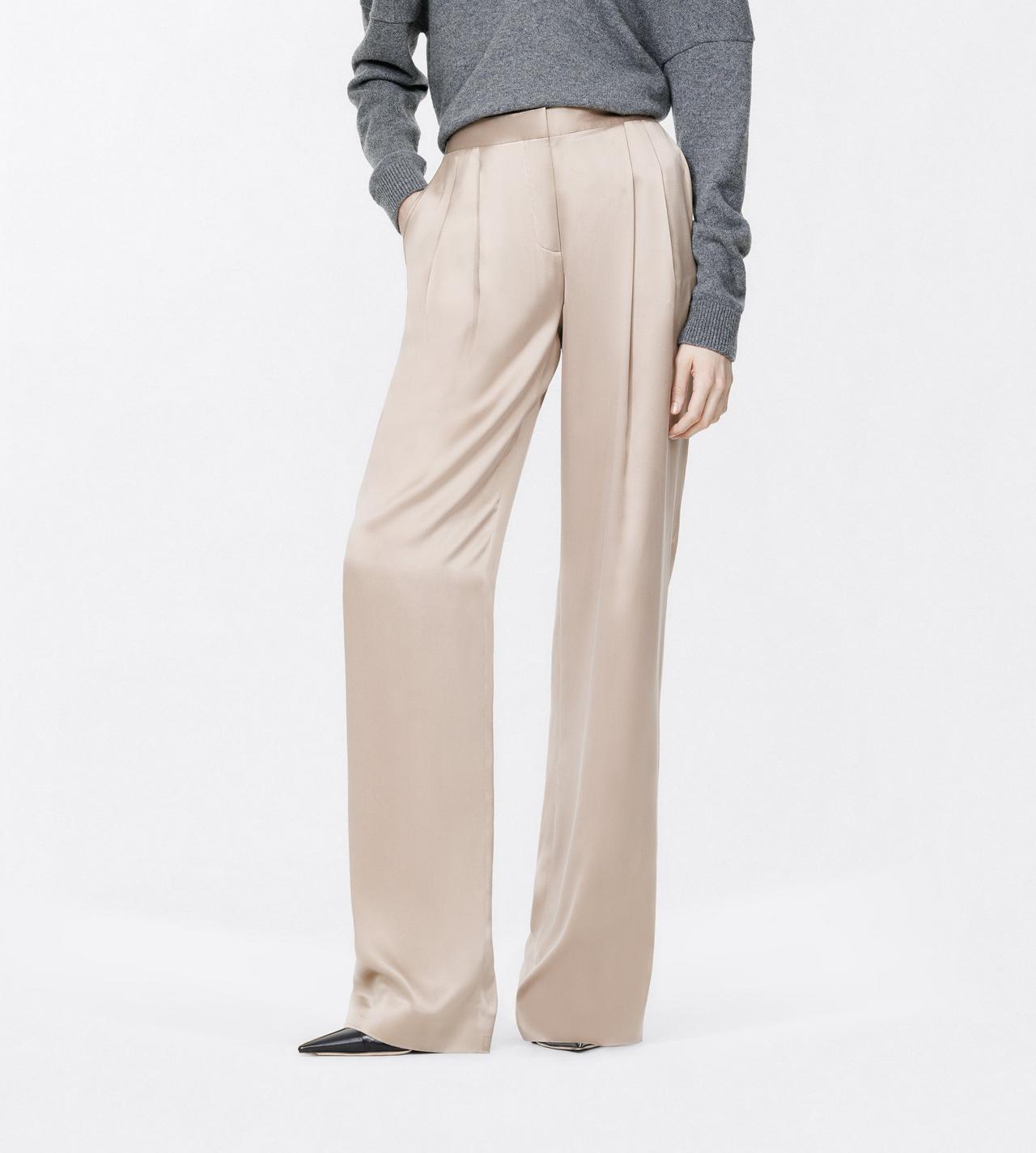 TOM FORD SILK DESERT TAUPE PEACH-FEEL SILK SATIN DOUBLE PLEAT PANTS
