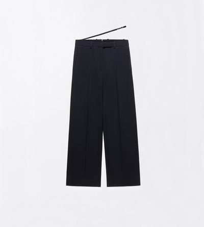 TOM FORD WOOL BLACK SHARP GRAIN DE POUDRE SLANTED TAILORED WIDE PANTS WITH BELT DETAIL