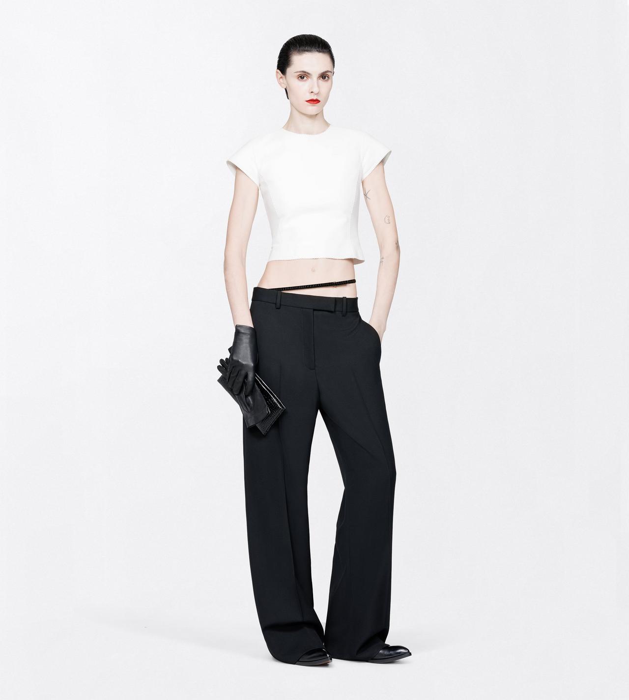 TOM FORD WOOL BLACK SHARP GRAIN DE POUDRE SLANTED TAILORED WIDE PANTS WITH BELT DETAIL