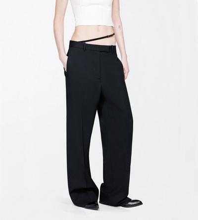 TOM FORD WOOL BLACK SHARP GRAIN DE POUDRE SLANTED TAILORED WIDE PANTS WITH BELT DETAIL