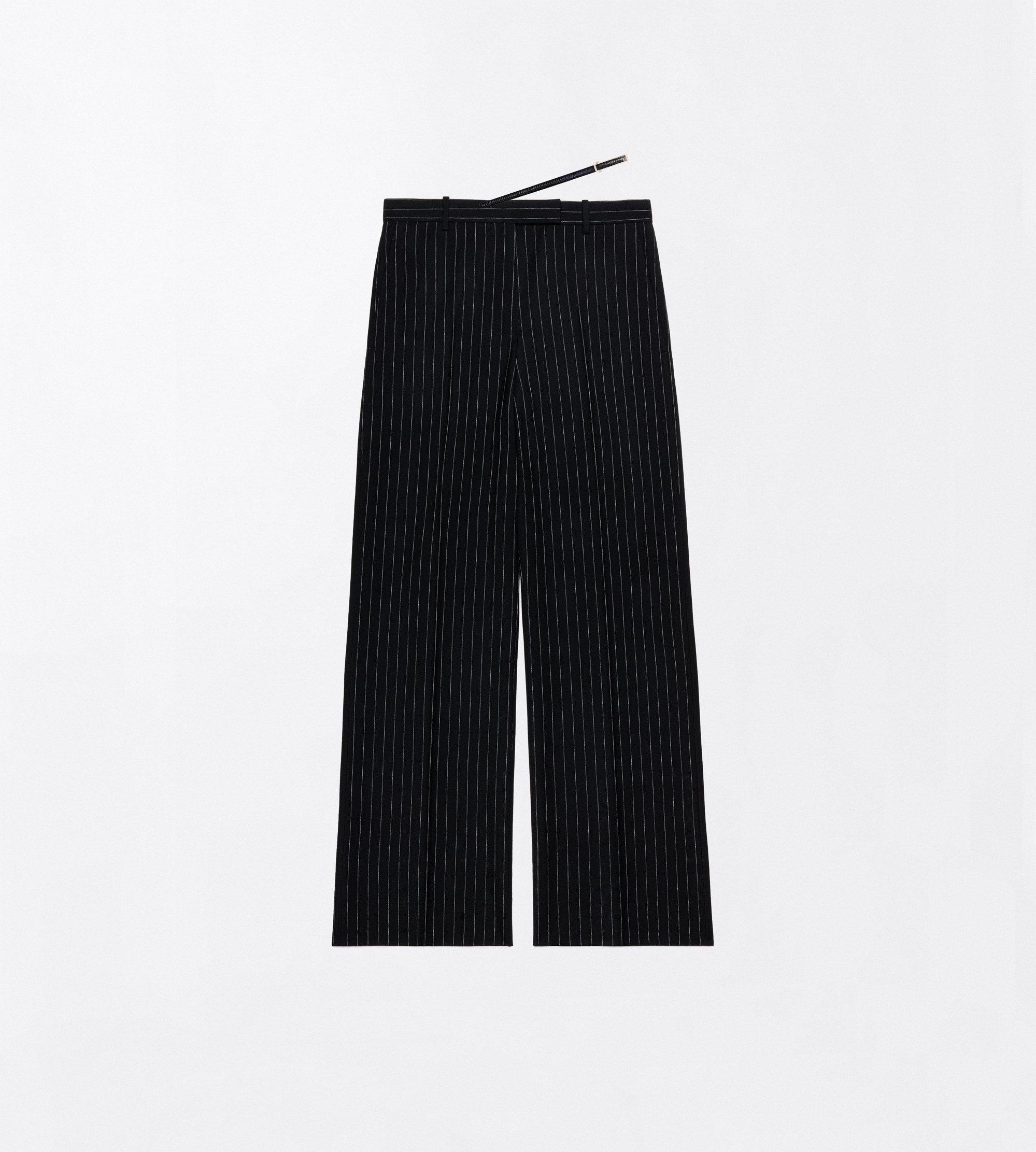 CHALK STRIPE VIRGIN WOOL SLANTED TAILORED WIDE PANTS WITH BELT DETAIL