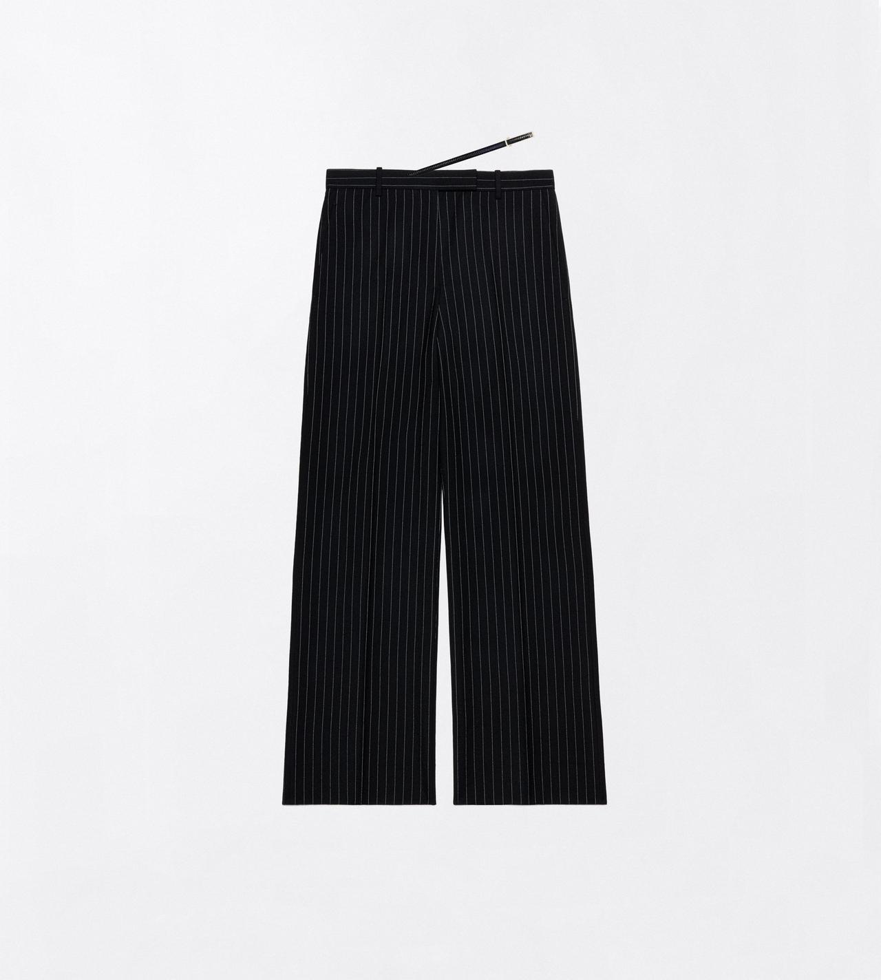 TOM FORD  BLACK CHALK STRIPE VIRGIN WOOL SLANTED TAILORED WIDE PANTS WITH BELT DETAIL