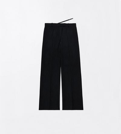 TOM FORD  BLACK CHALK STRIPE VIRGIN WOOL SLANTED TAILORED WIDE PANTS WITH BELT DETAIL