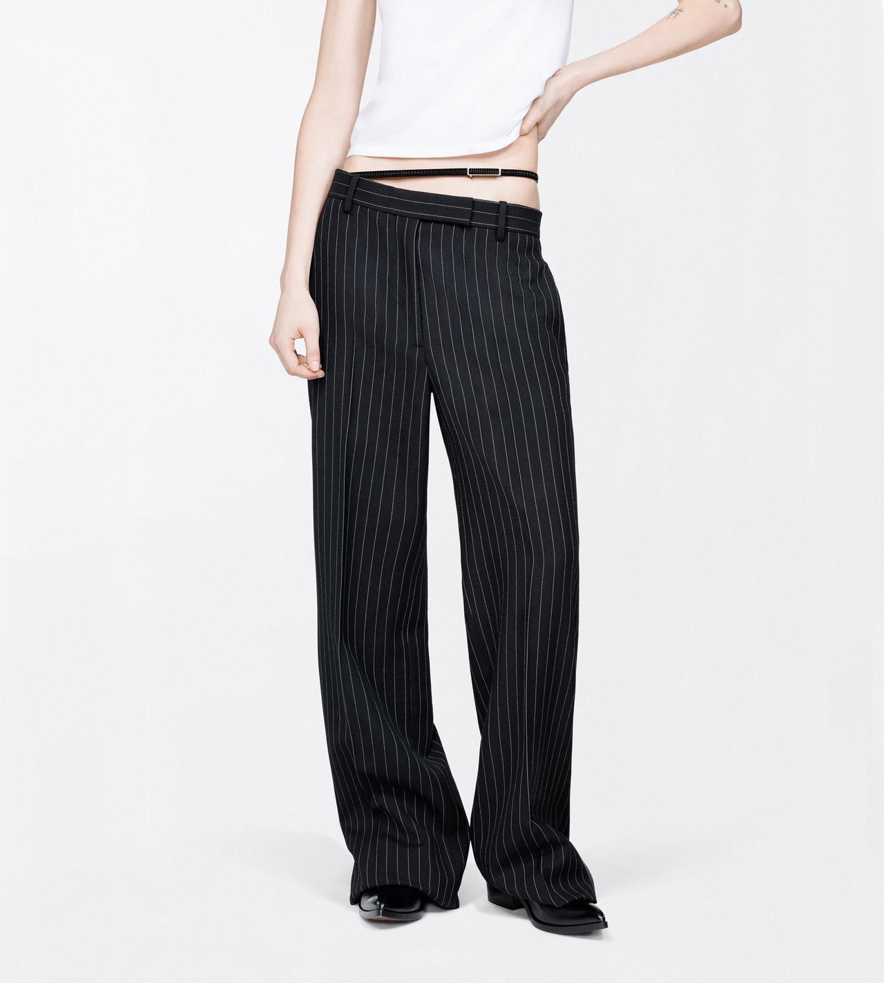 TOM FORD  BLACK CHALK STRIPE VIRGIN WOOL SLANTED TAILORED WIDE PANTS WITH BELT DETAIL