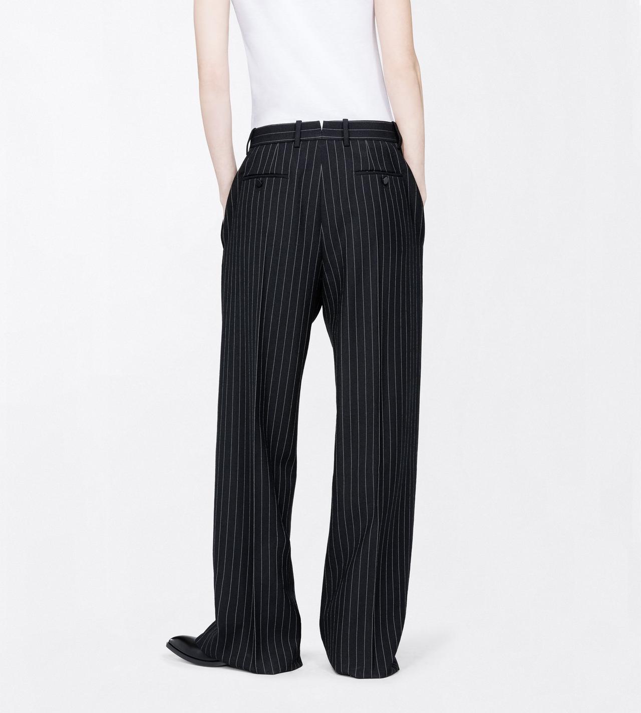 TOM FORD  BLACK CHALK STRIPE VIRGIN WOOL SLANTED TAILORED WIDE PANTS WITH BELT DETAIL