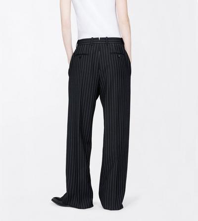 TOM FORD  BLACK CHALK STRIPE VIRGIN WOOL SLANTED TAILORED WIDE PANTS WITH BELT DETAIL