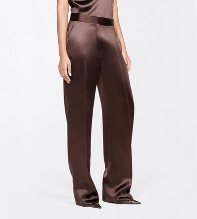 TOM FORD SILK CHOCOLATE SILK SATIN MEDIUM-LOW WAIST WIDE LEG TAILORED PANTS