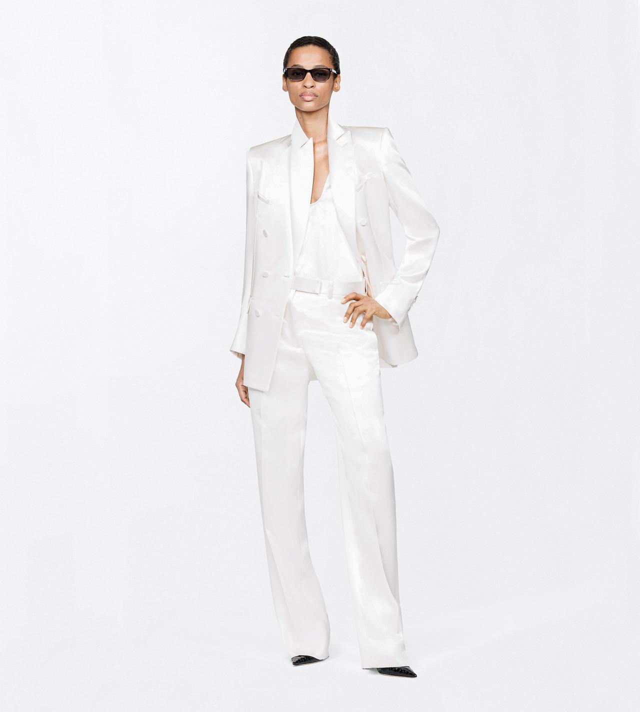 TOM FORD SILK OFF WHITE SILK SATIN MEDIUM-LOW WAIST WIDE LEG TAILORED PANTS
