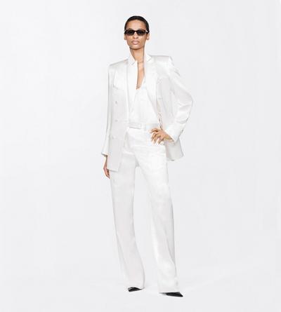 TOM FORD SILK OFF WHITE SILK SATIN MEDIUM-LOW WAIST WIDE LEG TAILORED PANTS