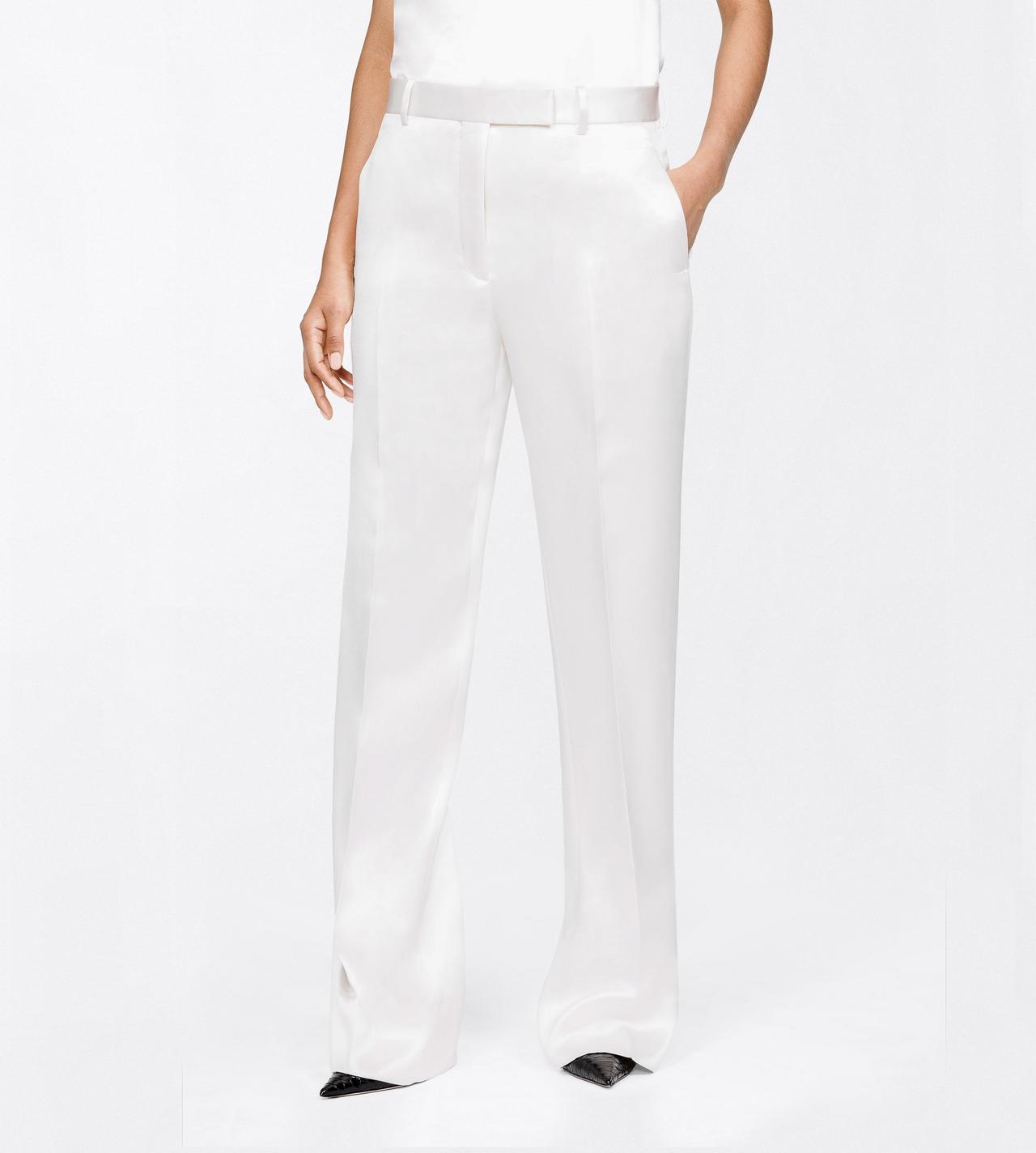 TOM FORD SILK OFF WHITE SILK SATIN MEDIUM-LOW WAIST WIDE LEG TAILORED PANTS