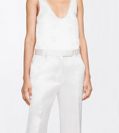 TOM FORD SILK OFF WHITE SILK SATIN MEDIUM-LOW WAIST WIDE LEG TAILORED PANTS