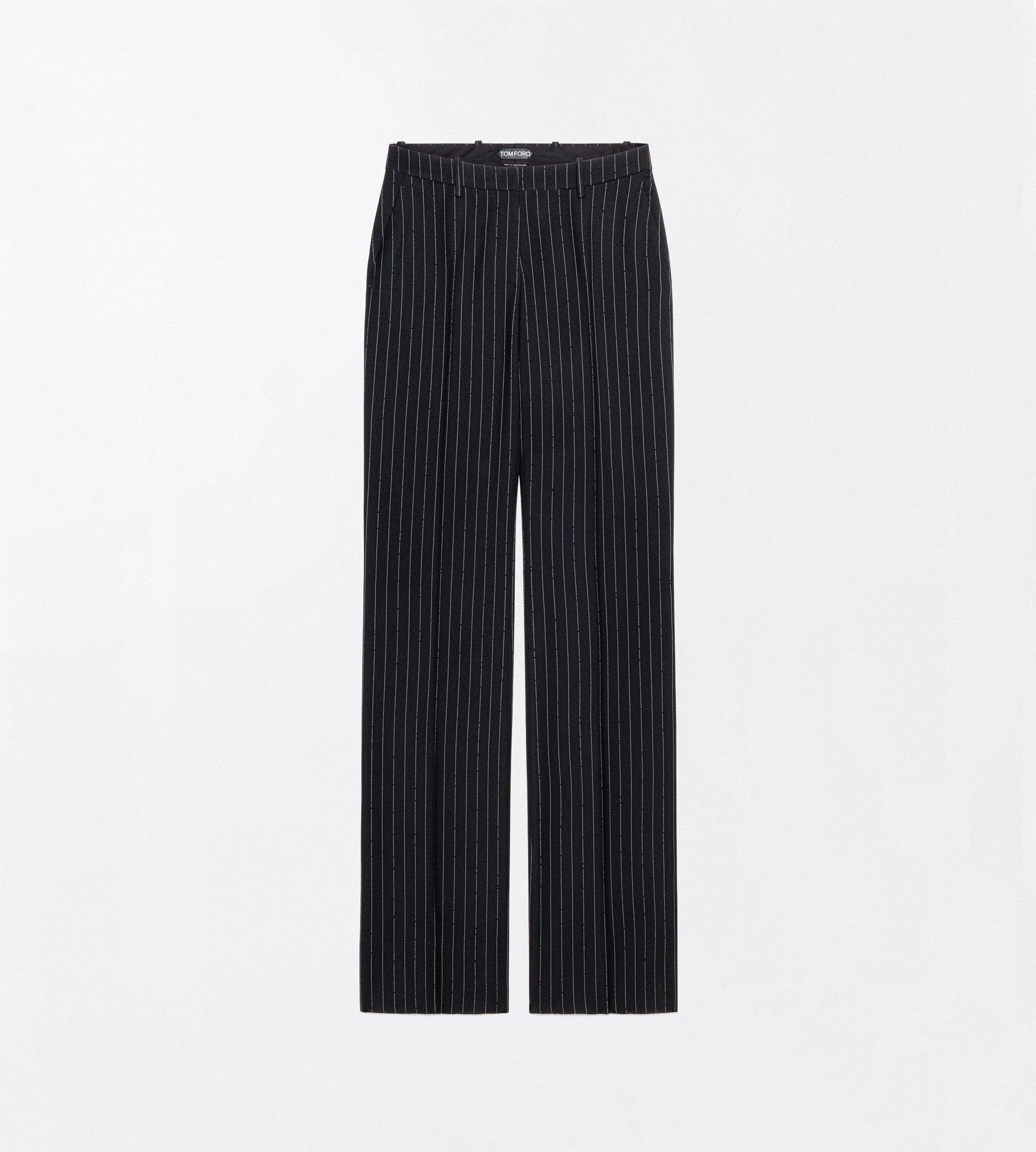 CHALK STRIPED HOTFIX EMBROIDERY ON WOOL TAILORED STRAIGHT BOYFRIEND PANTS