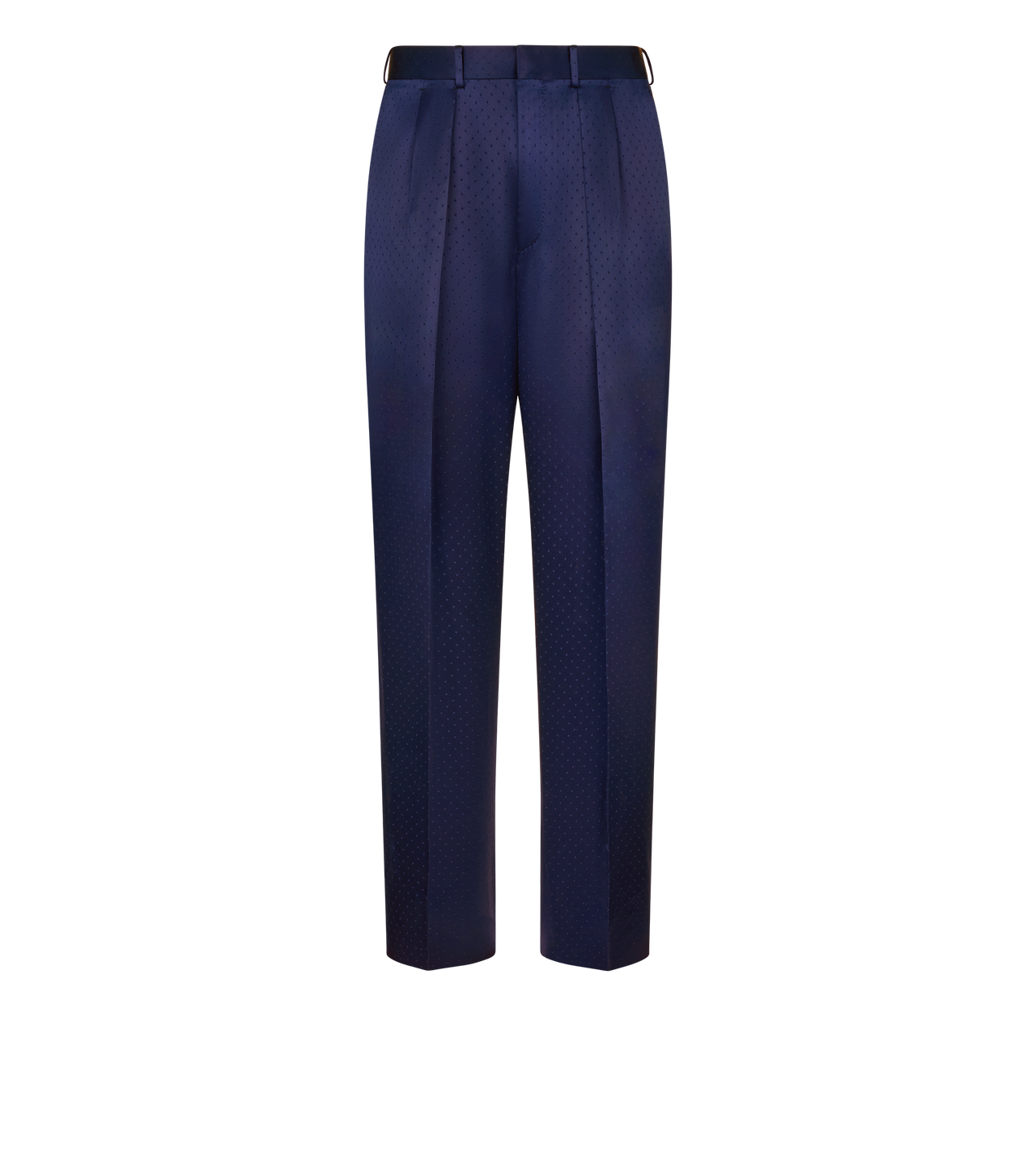 TOM FORD SILK VISCOSE BLEND DARK INDIGO SILK VISCOSE SATIN POLKA DOT JACQUARD DOUBLE PLEAT PANT