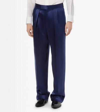TOM FORD SILK VISCOSE BLEND DARK INDIGO SILK VISCOSE SATIN POLKA DOT JACQUARD DOUBLE PLEAT PANT