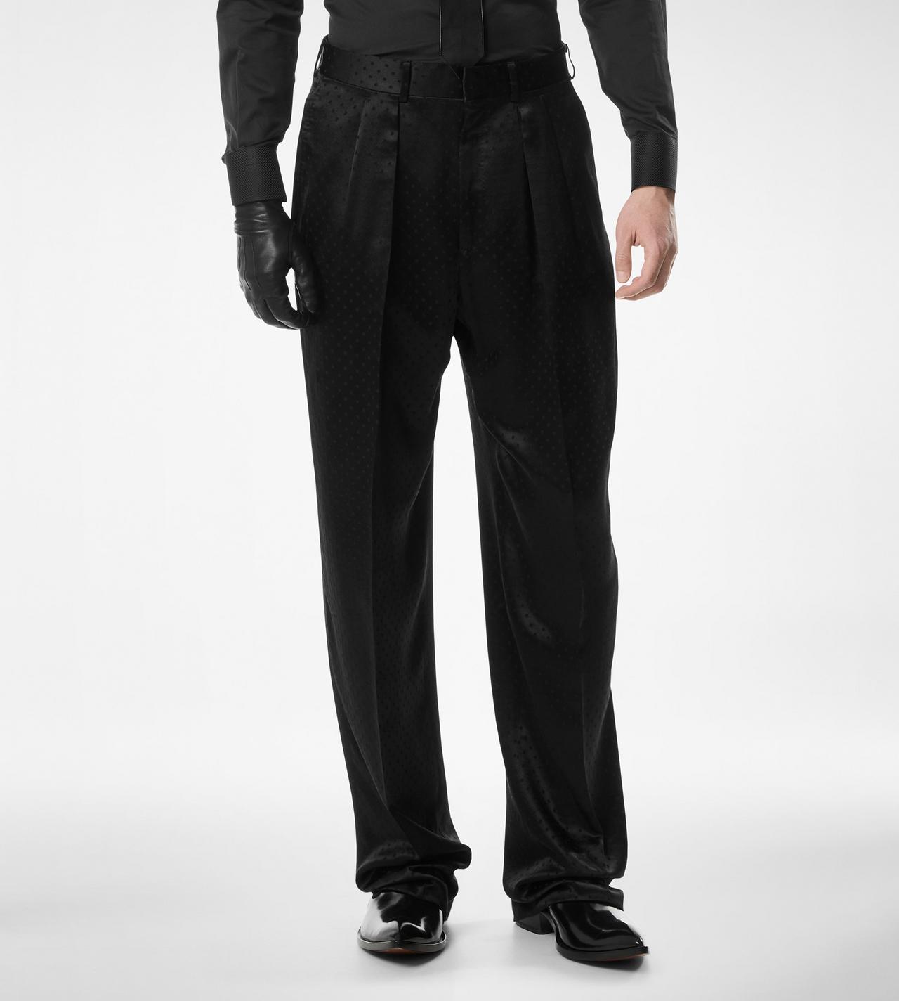 TOM FORD VISCOSE SILK BLEND BLACK PANTAL&Oacute;N DE RASO DE DOBLE PLIEGUE DE JACQUARD CON LUNARES