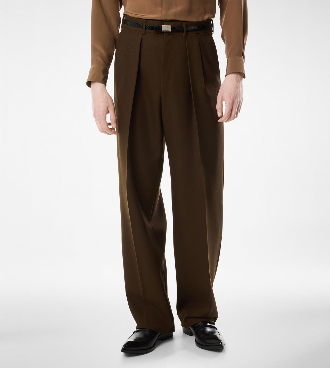 TOM FORD WOOL OLIVE BROWN BROKEN TWILL DOUBLE PLEAT PANT&nbsp;