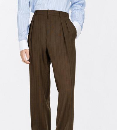 TOM FORD WOOL KHAKI BROWN LIGHT FRESCO STRIPE WIDE LEG PANT