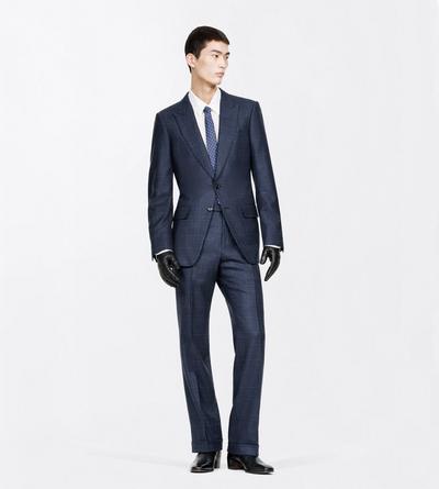 TOM FORD WOOL NAVY MULTICOLOR GRAND CHECK FLAT FRONT PANT