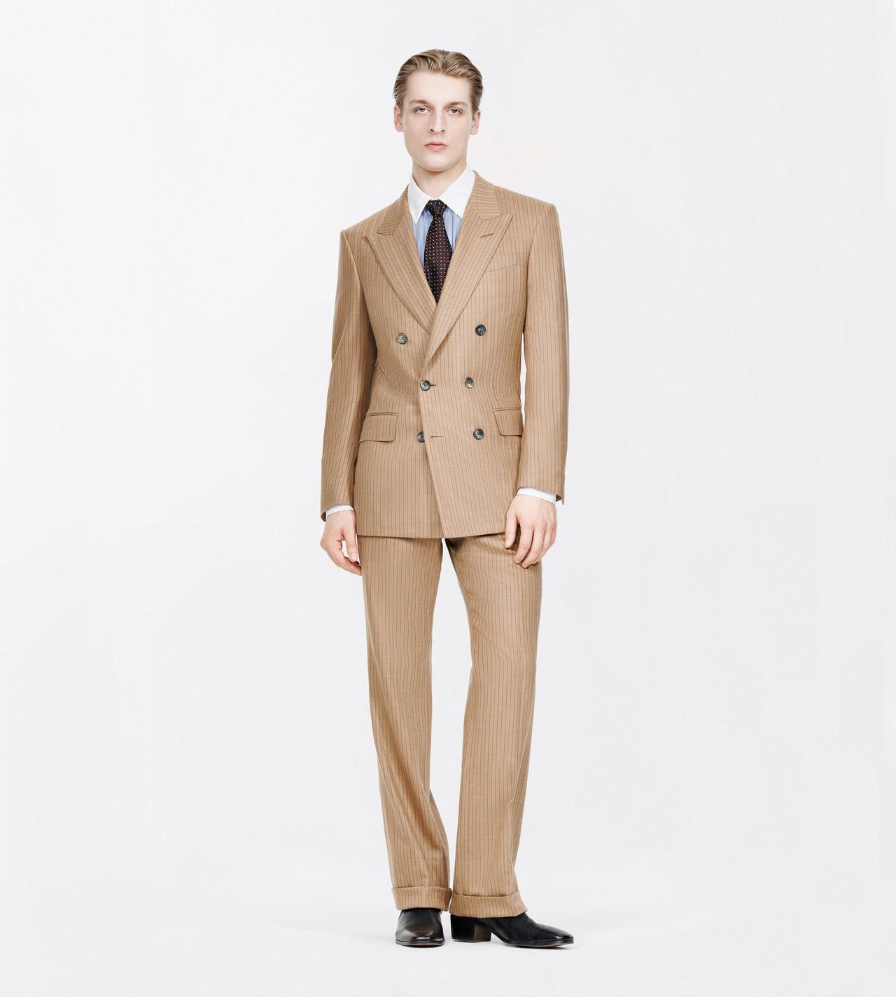 TOM FORD  CAMEL SAXONY HERRINGBONE STRIPE FLAT FRONT PANT