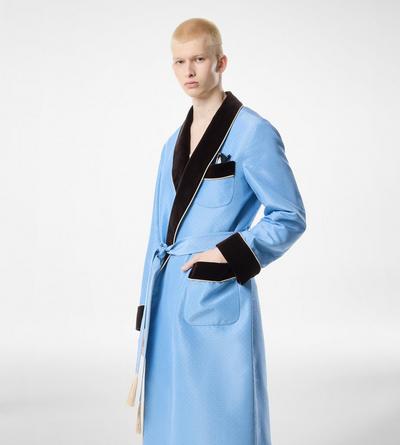 TOM FORD SILK COMBO LIGHT BLUE & GOLD SILK JACQUARD SHAWL COLLAR ROBE