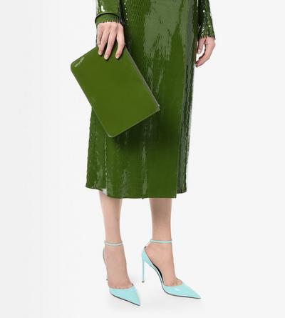 TOM FORD LEATHER CHIVE POCHETTE &Agrave; DRAGONNE ZIPP&Eacute;E BLADE EN CUIR VERNI